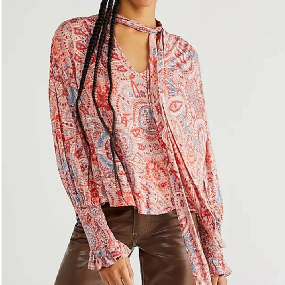 Free People Pink Floral Vista Dreams Smocked Tie V-Neck Oversized Top Blouse XS